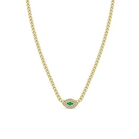 14k Small Curb Chain Marquise Emerald Halo Necklace