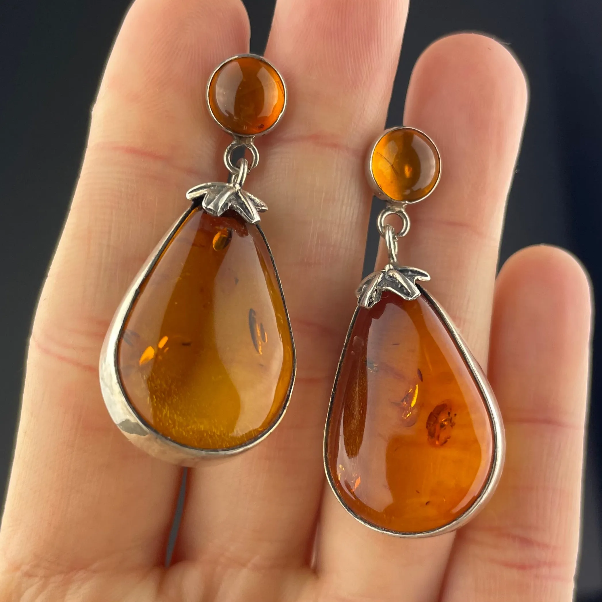 Arts and Crafts Style Silver Baltic Amber Statement Earrings