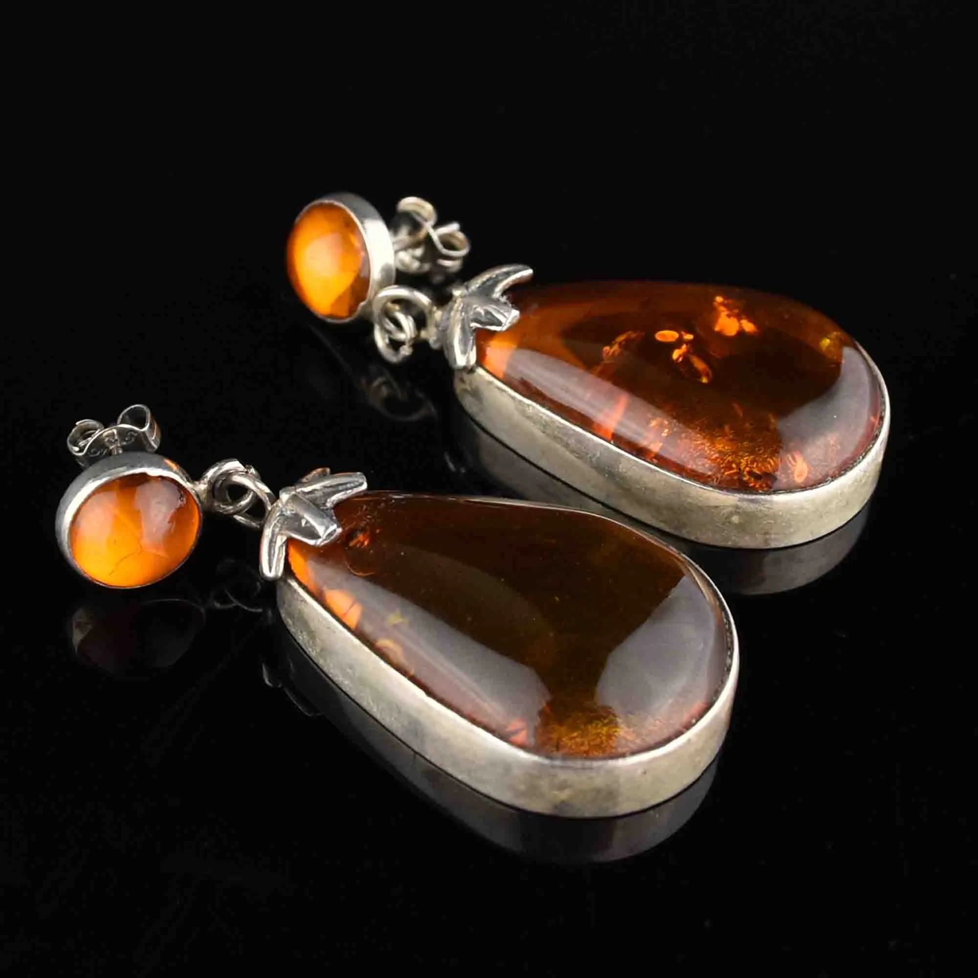 Arts and Crafts Style Silver Baltic Amber Statement Earrings