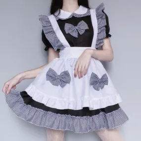 Black and White Plaid Ruffle Bow Maid Dress