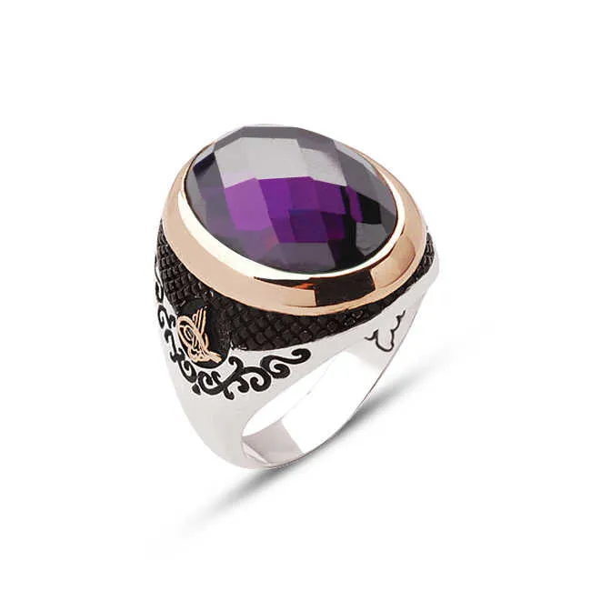 Facet Cut Amethyst Stone Ellipse Silver Men’s Ring Siding Ottoman Tughra and Branch Pattern