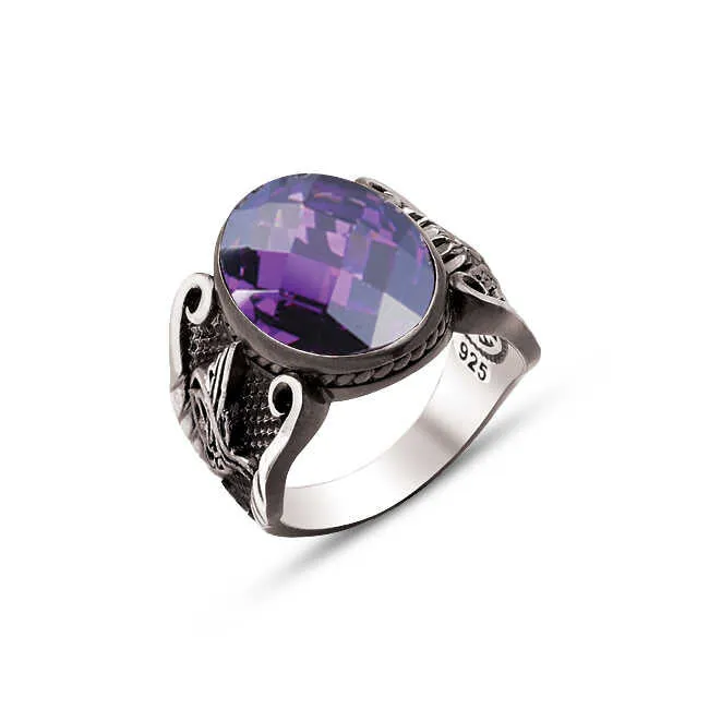 Facet Cut Amethyst Stone Small Ellipse Silver Men’s Ring Siding Silver Ottoman Tughra