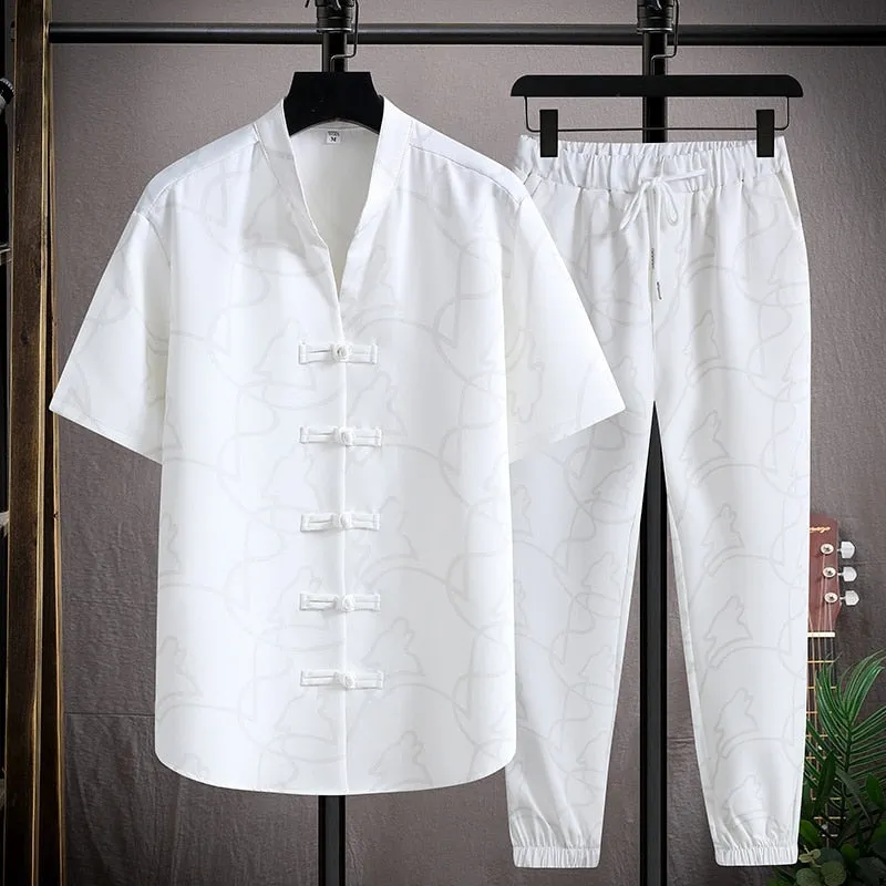 Foesce-(Shirt   trousers)summer fashion men shirt letter pattern Cotton shirts men's casual elastic waist shirts men size M-5XL