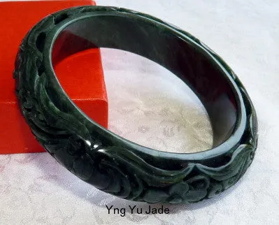 Happiness and Satisfaction in Life Deep Green Black Dynasty Style Carved Jade Bangle 62 mm  (DC118)