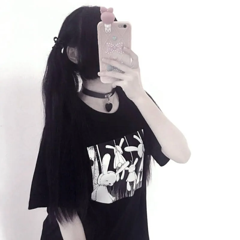 JAPANESE DARK BLACK BUNNY PRINT T-SHIRT BY52505