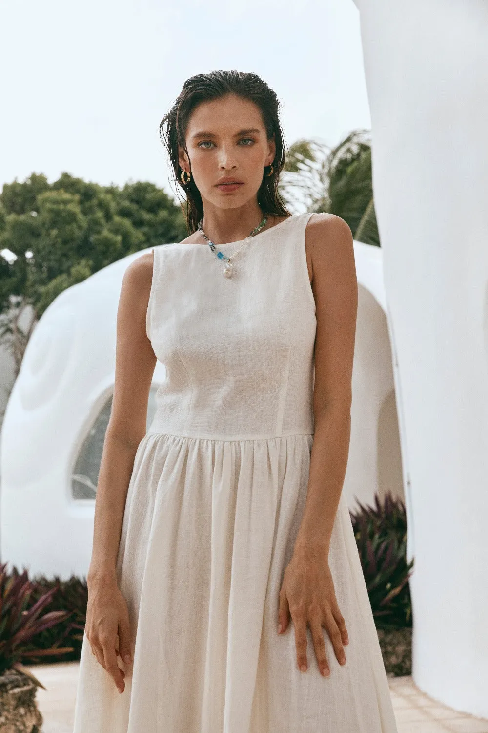 Kara Linen Midi Dress White