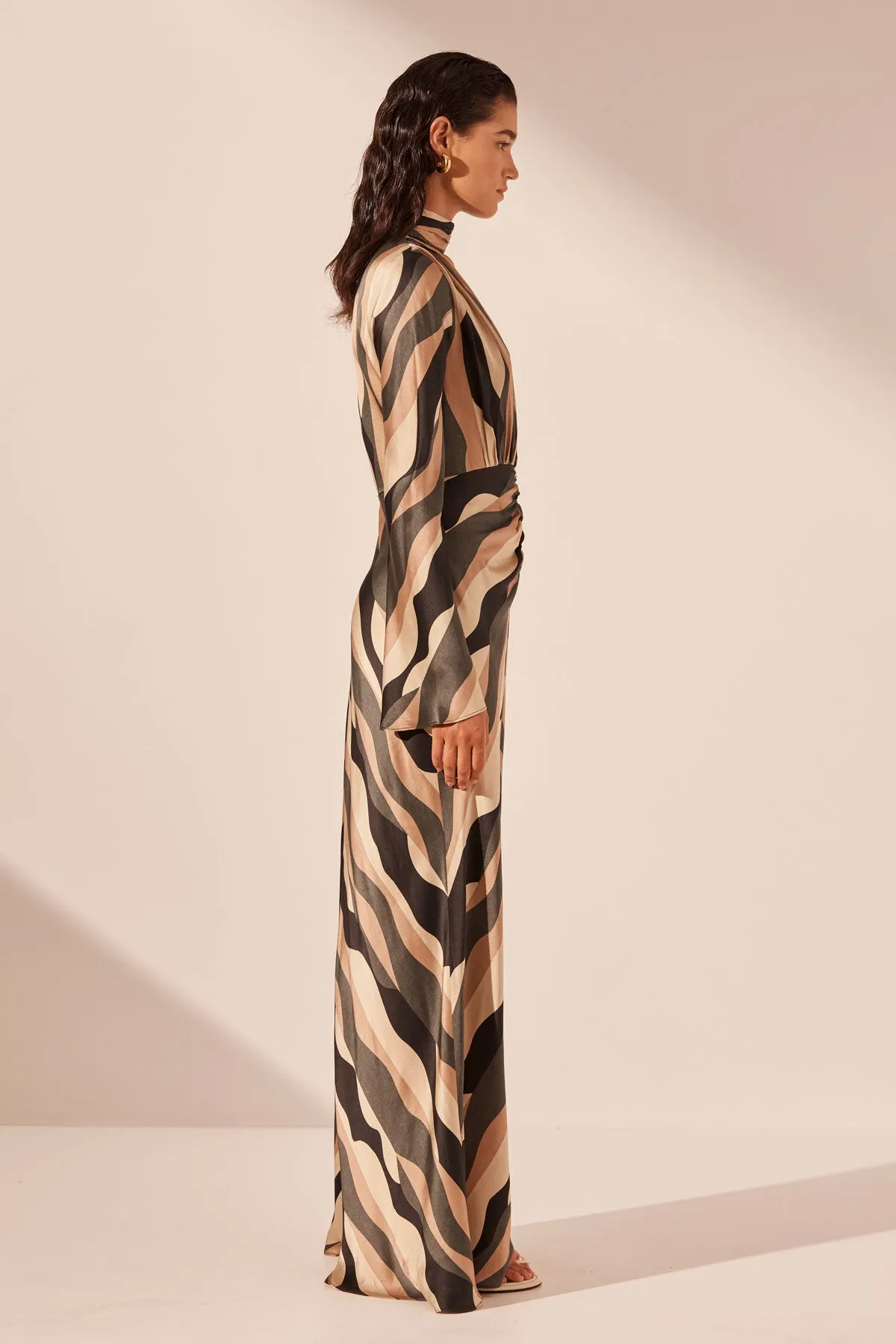 KORI SILK PLUNGED LONG SLEEVE MAXI DRESS