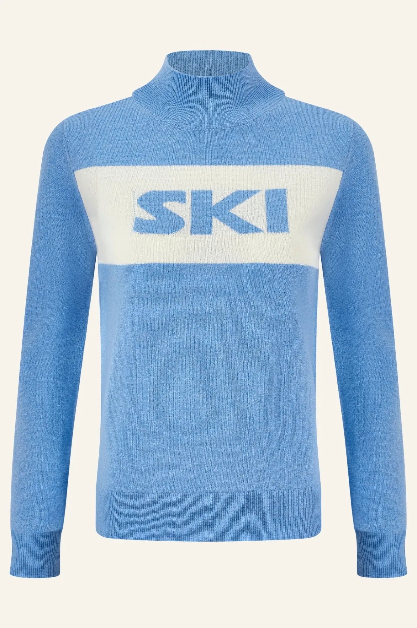 Merino Wool Ski Slim Funnel Neck Jumper | Serene Blue/Cream/Pink