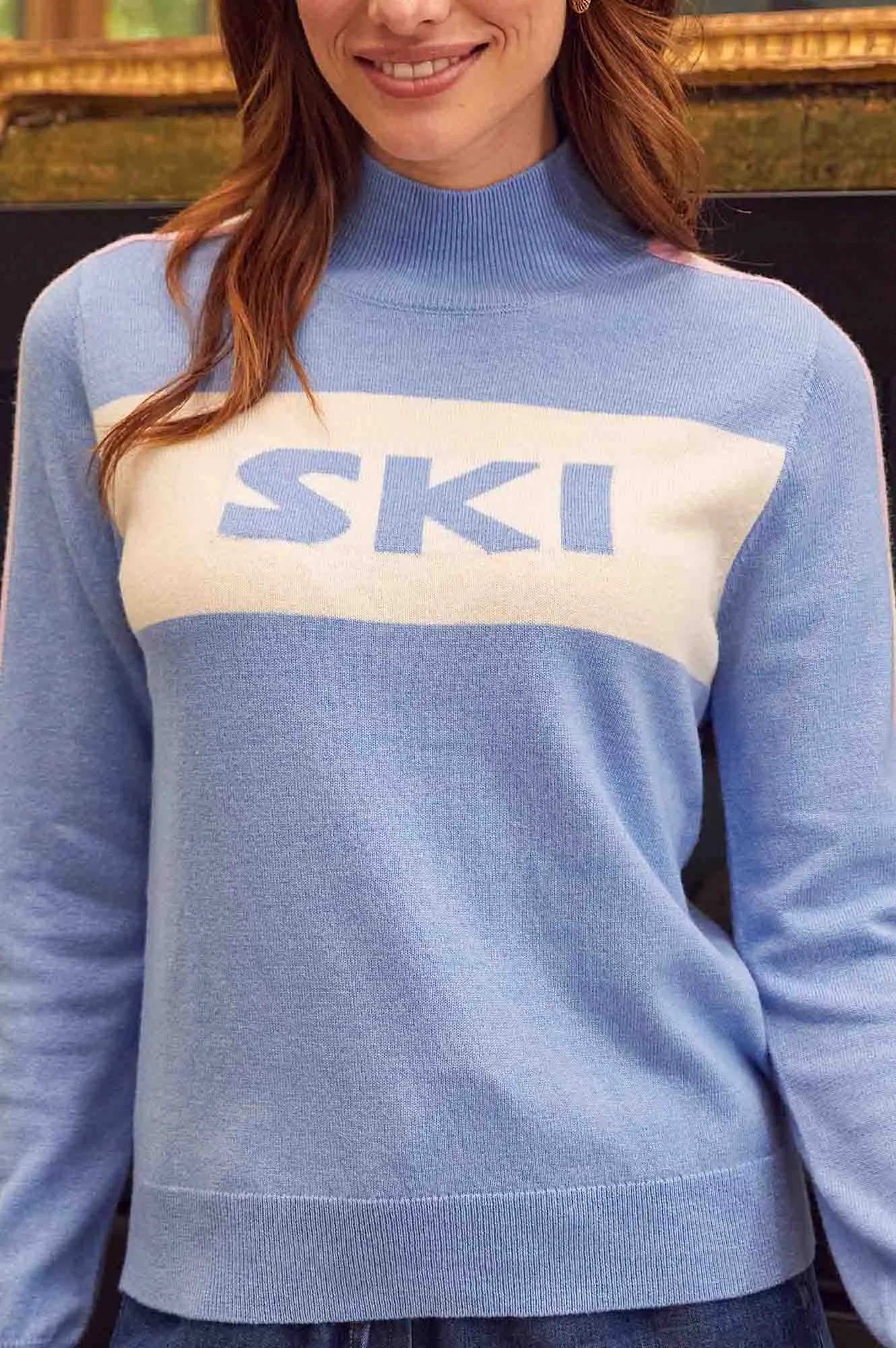 Merino Wool Ski Slim Funnel Neck Jumper | Serene Blue/Cream/Pink