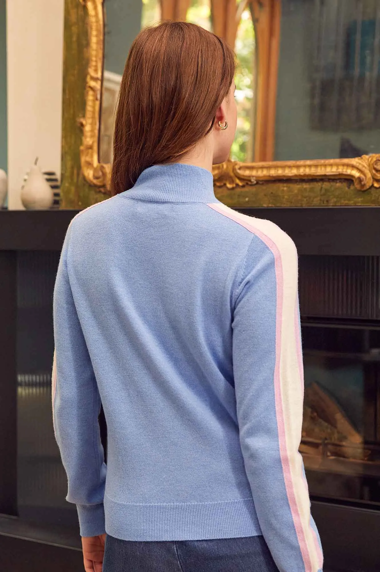 Merino Wool Ski Slim Funnel Neck Jumper | Serene Blue/Cream/Pink