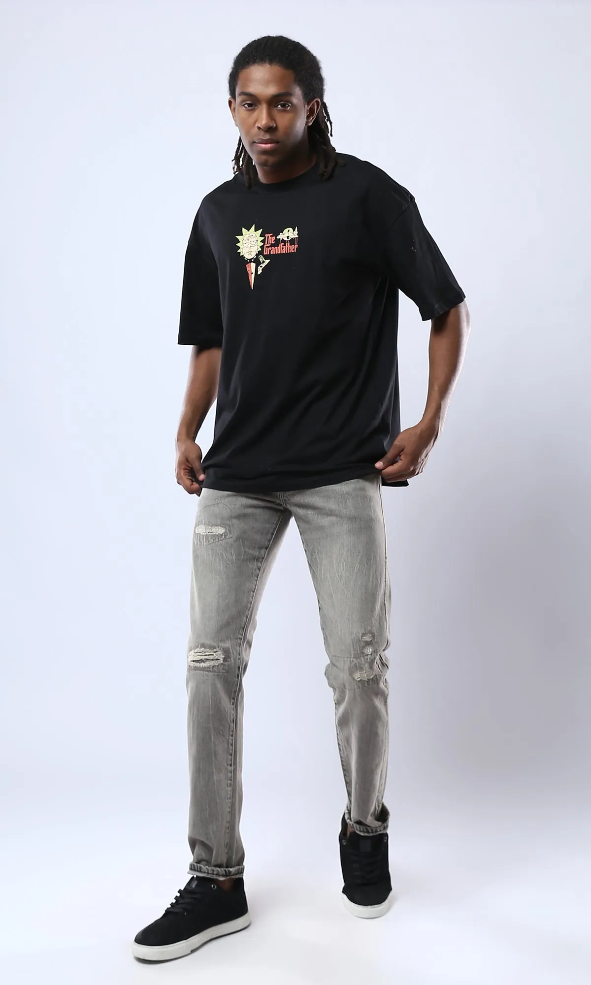 O178401 The Grandfather Elbow-Sleeves Cotton Black Tee