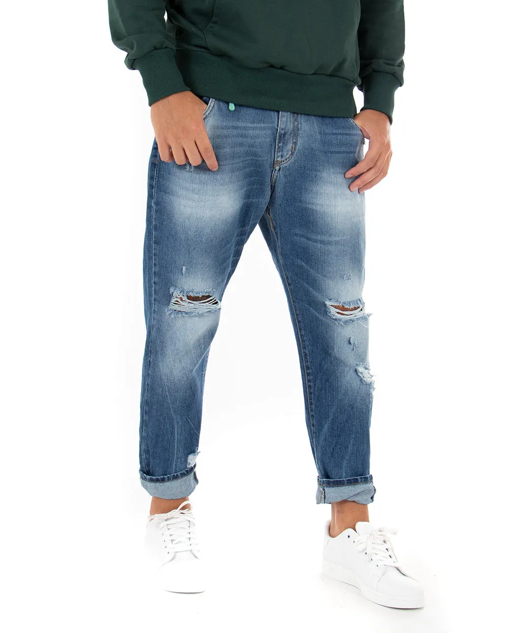 Pantaloni Jeans Uomo Straight Fit Denim Con Rotture Cinque Tasche Casual GIOSAL-P5052A