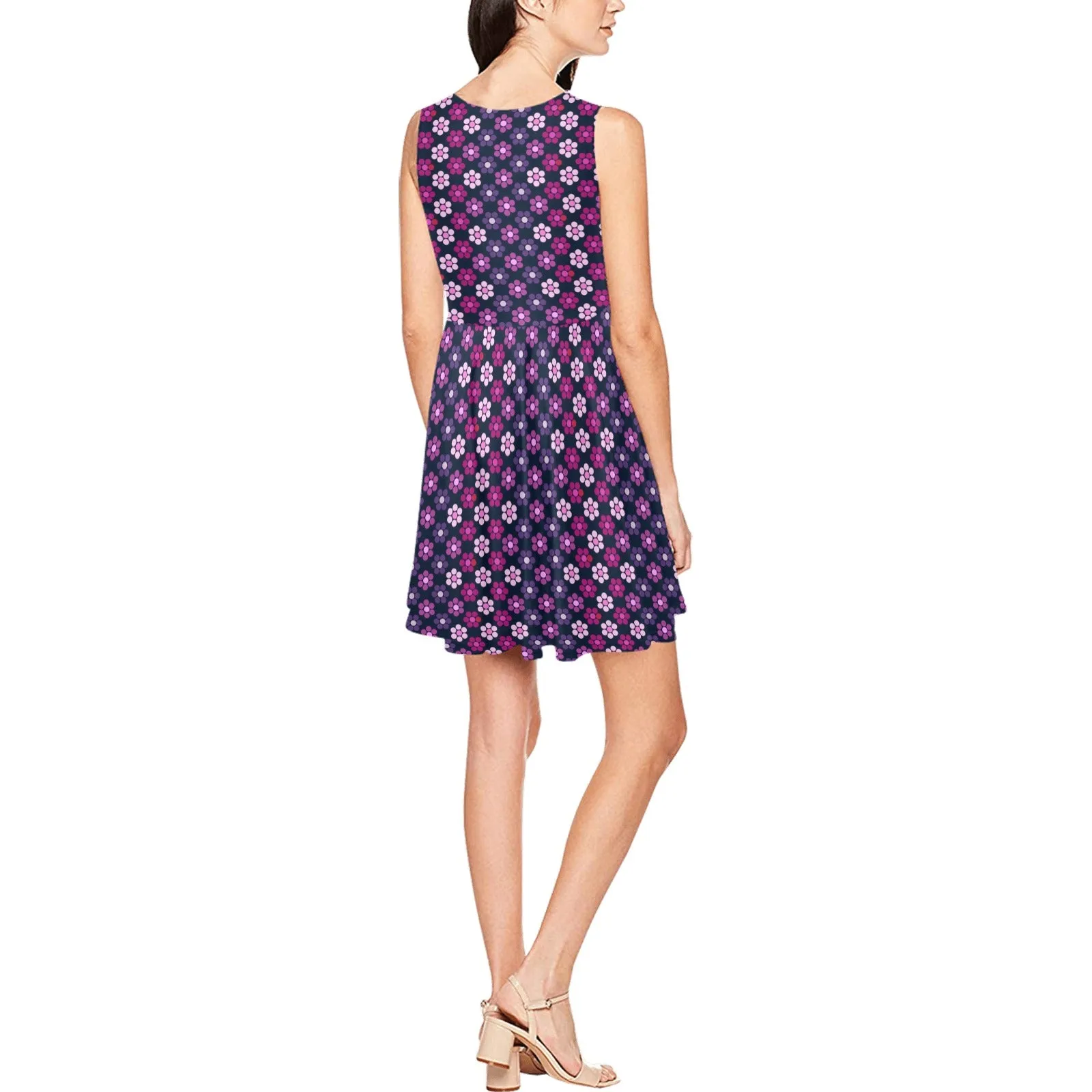 petals purple print 2 Thea Sleeveless Skater Dress(Model D19)