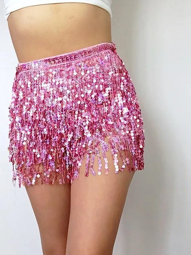 Sequin Asymmetrical Polyester Skirt in Silver, Black, Yellow, and Pink for Women