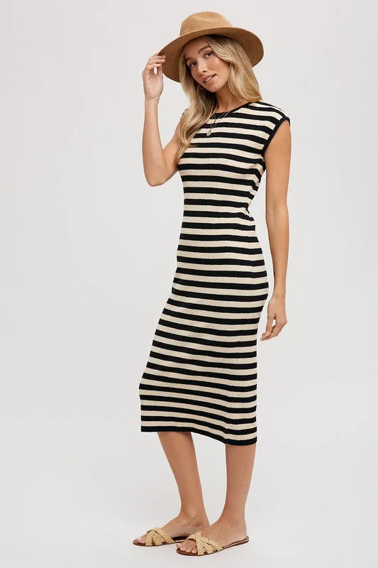 The Winnifred Striped Midi Dress in Black and Taupe