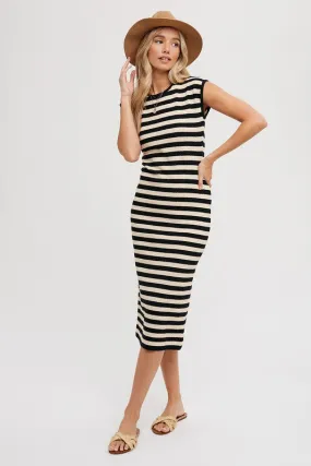 The Winnifred Striped Midi Dress in Black and Taupe