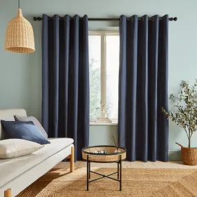 Yarn Dyed 100% Cotton Chambray Lined Eyelet Curtains Two Panels - Blue